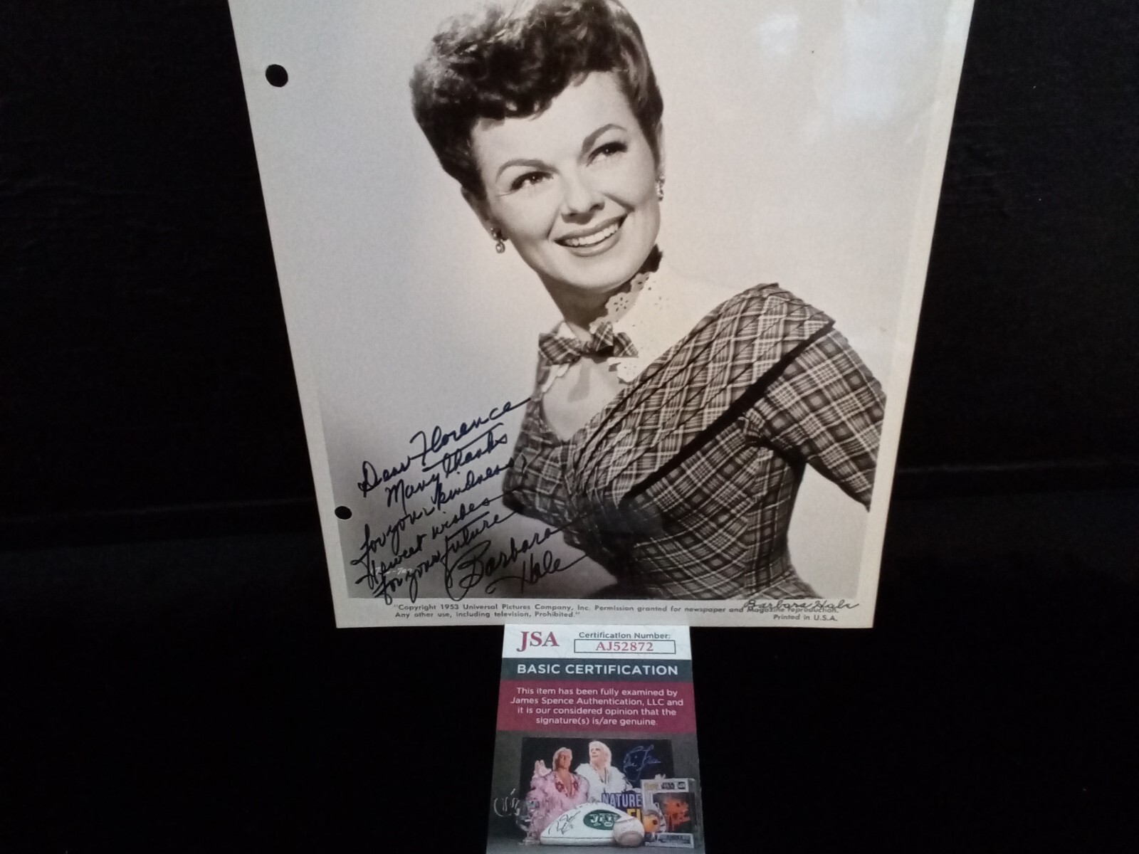 Barbara Hale Signed 8×10 Black & White Photo JSA Certified Autograph Inscribed #