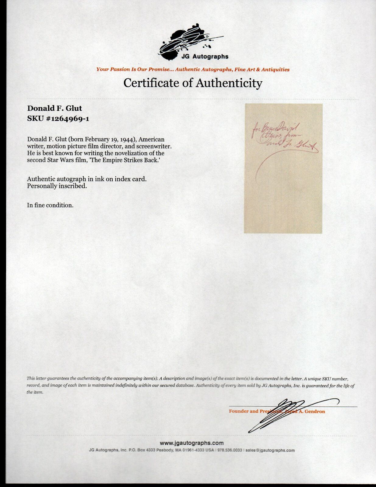 DONALD F. GLUT STAR WARS AUTOGRAPHED SIGNED INDEX CARD 3X5 JG AUTOGRAPHS COA