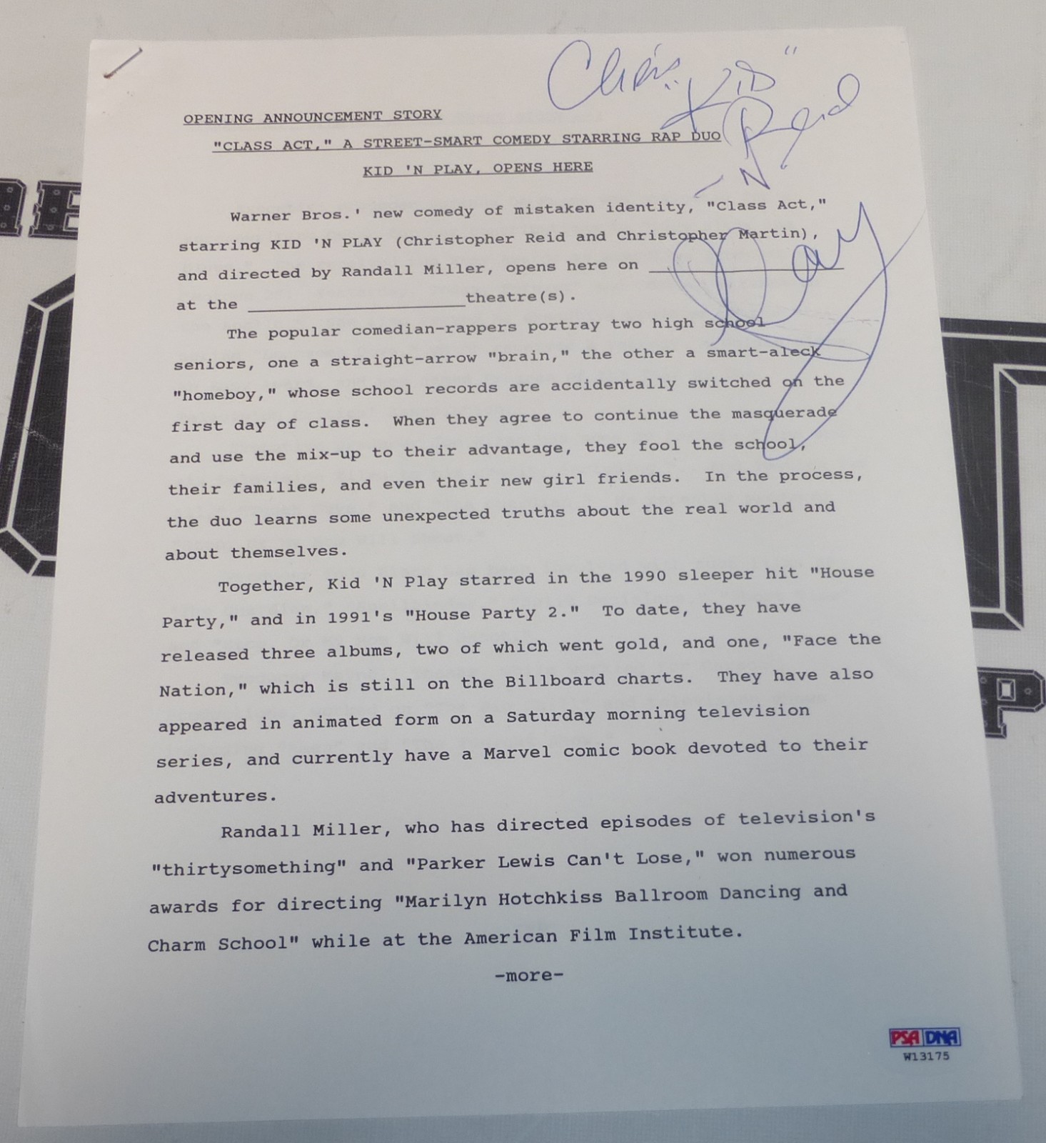 Kid ‘n Play Signed Original Class Act Opening Announcement Story PSA/DNA COA Rap
