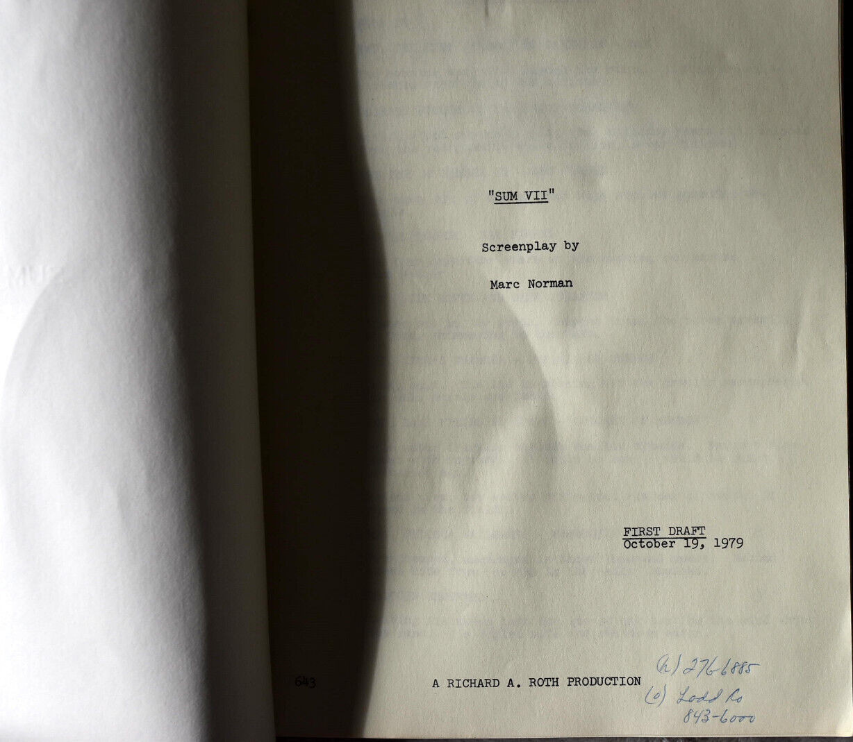 1979 SUM VII Original Screenplay Script First Draft