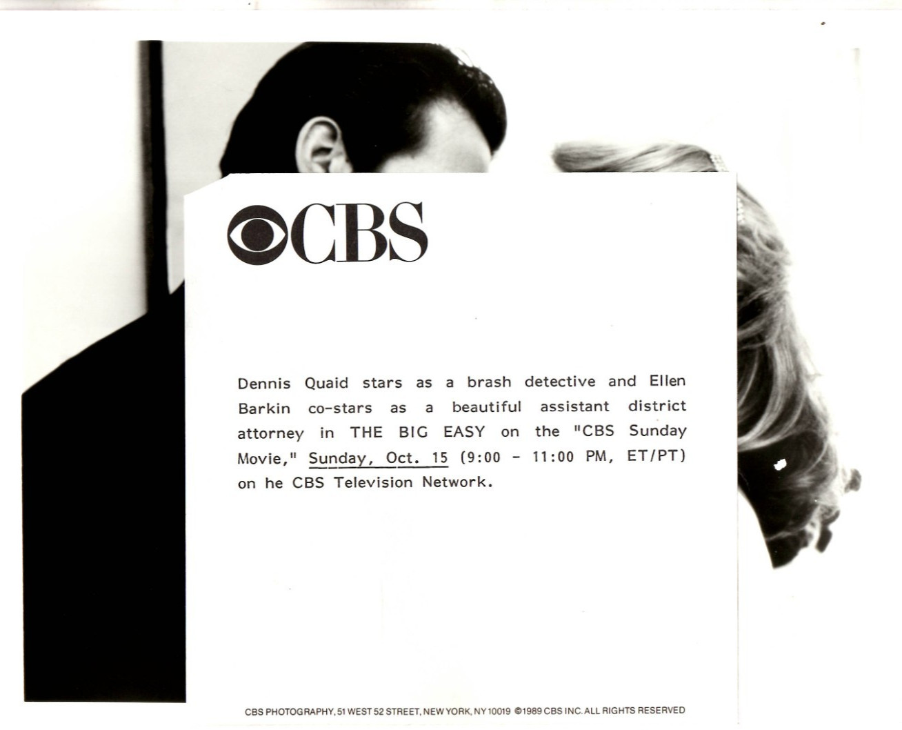 1989 CBS – THE BIG EASY – DENNIS QUADE / ELLEN BARKIN – TV PROMO PHOTO