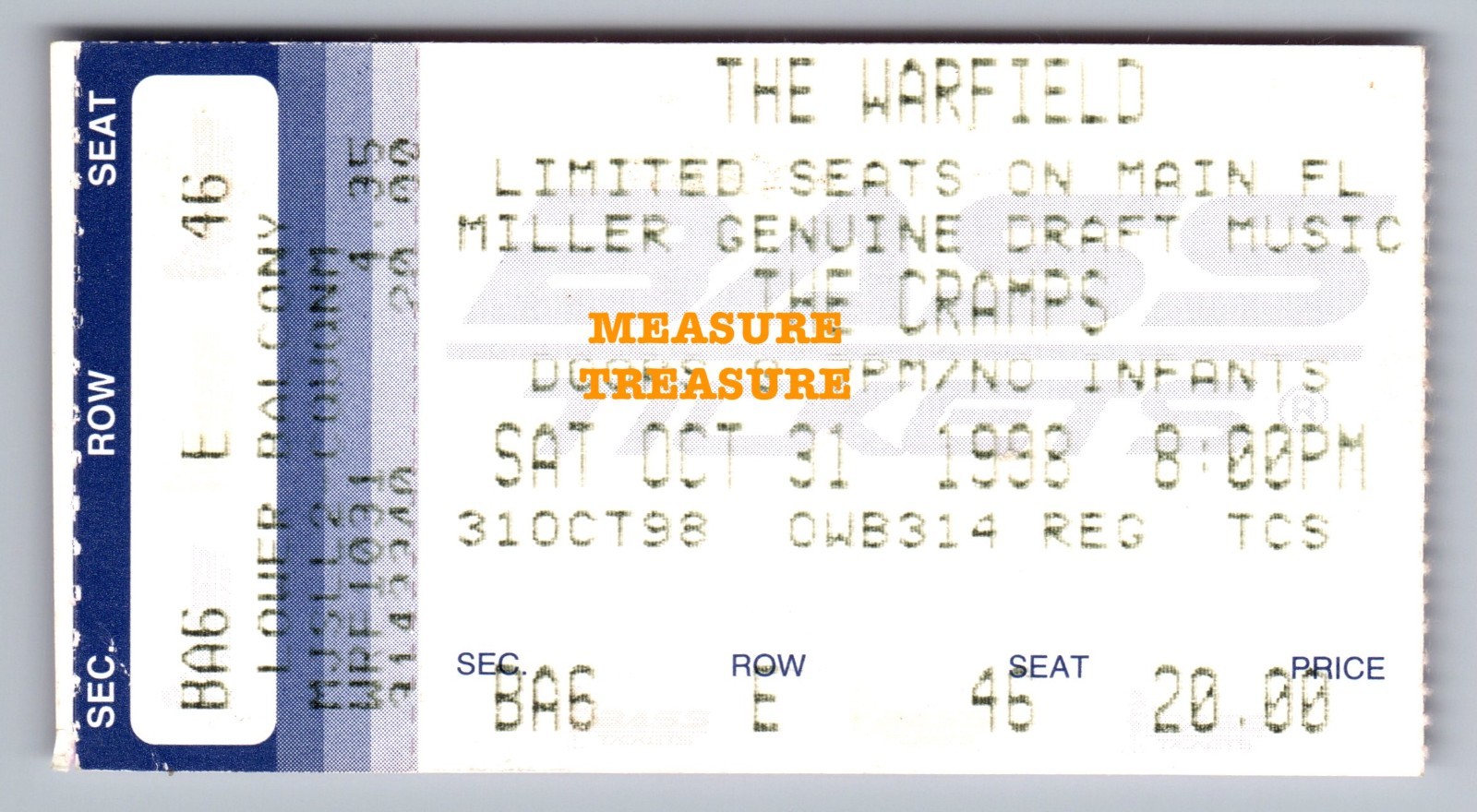 1998 THE CRAMPS, SAN FRANCISCO, CA, THE WARFIELD, CONCERT TICKET F63