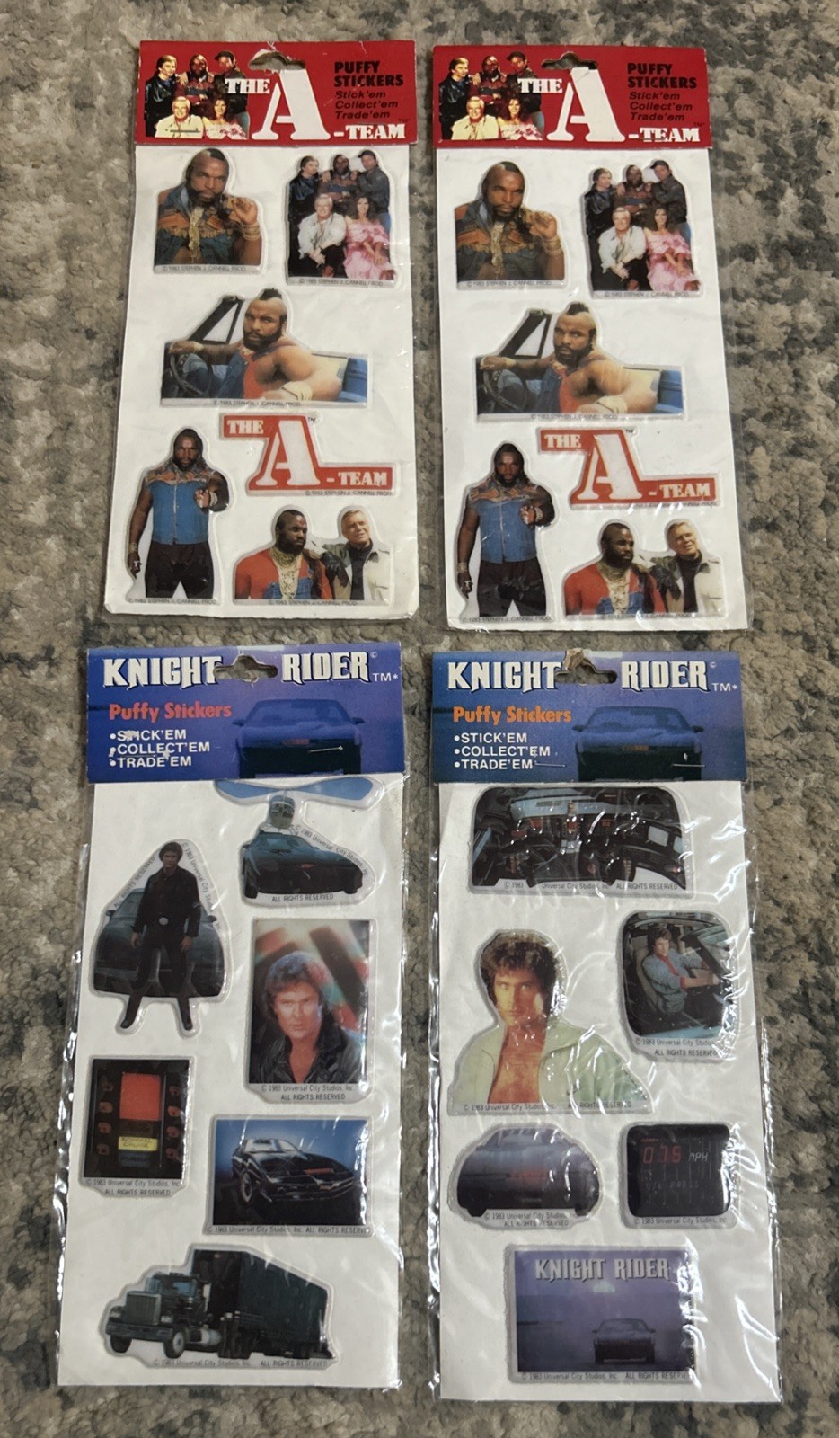 Vintage 1983 THE A-TEAM and Knight Rider Puffy Stickers New and Sealed Set Of 4