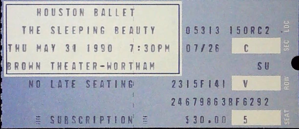 Houston Ballet The Sleeping Beauty Brown Theater Wortham Ticket Stub 5/30/1990