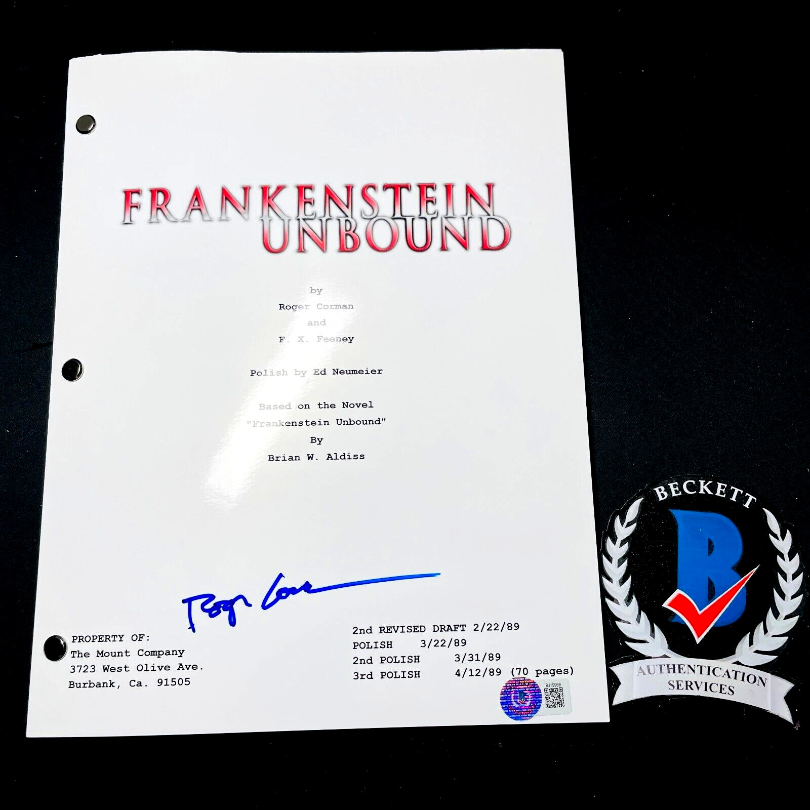 ROGER CORMAN SIGNED FRANKENSTEIN UNBOUND MOVIE SCRIPT SCREENPLAY BECKETT BAS COA