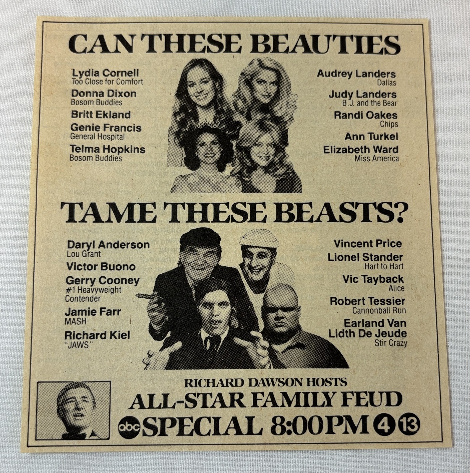 1981 ABC tv ad~ ALL-STAR FAMILY FEUD Richard Kiel, Audrey+Judy Landers