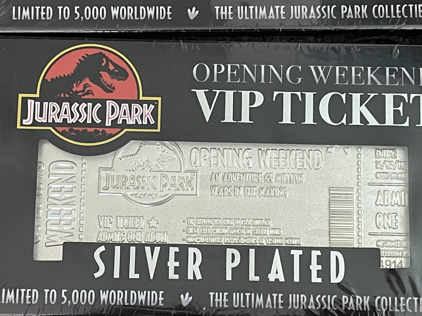 Jurassic Park Silver Plated Entrance Ticket Replica #XXXX/5000 SEALED NEW