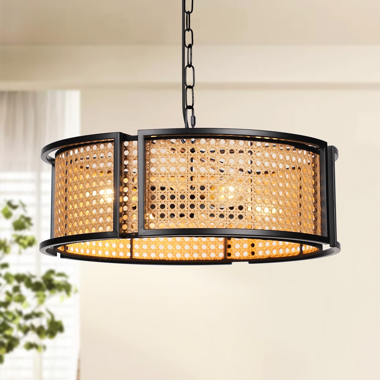 17.7″ Farmhouse Rattan Chandelier, 4-Light Large Bohemian Pendant Hanging Lig…