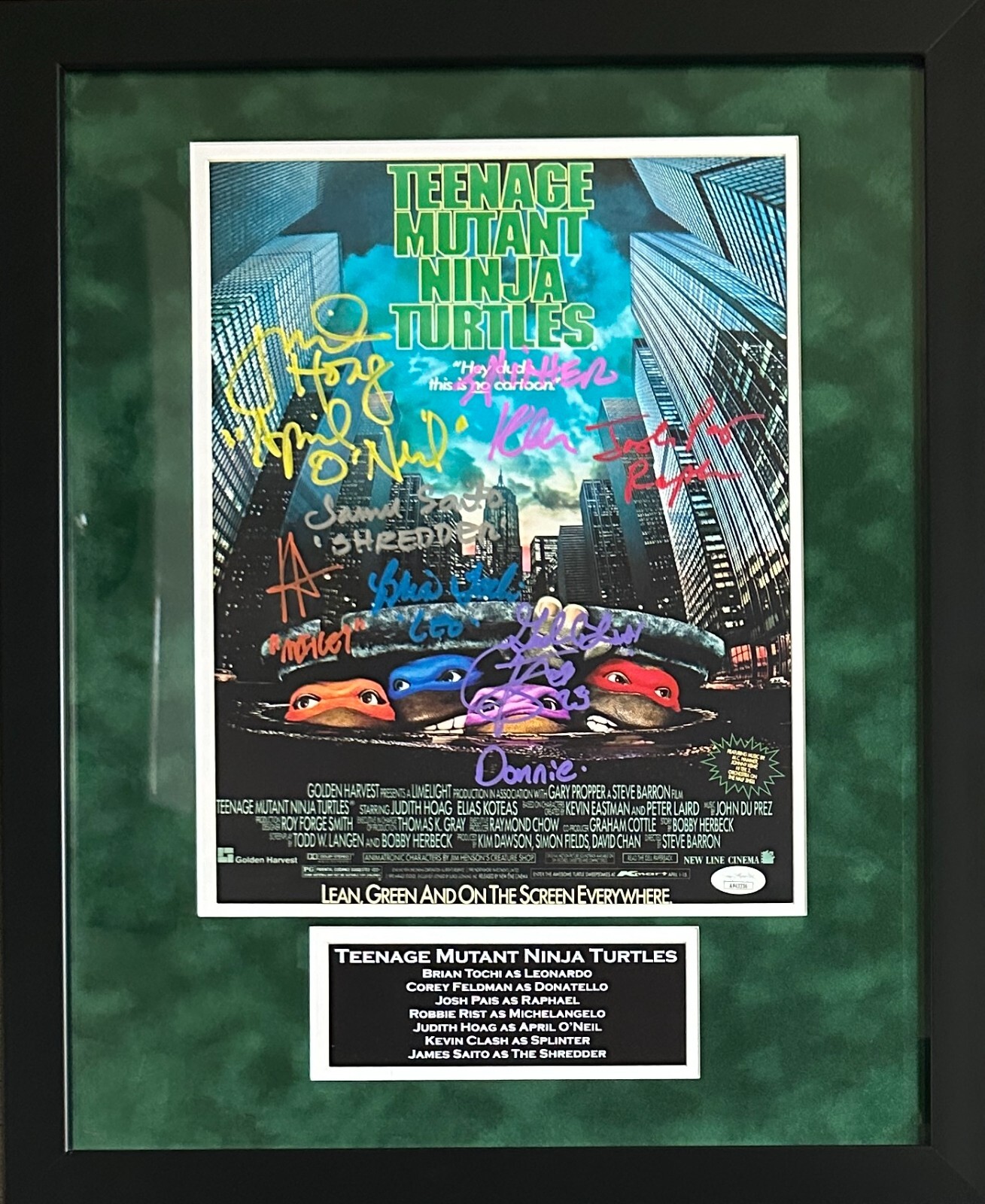 Cast signed insc TMNT suede framed 11×14 JSA Pais Tochi Feldman Rist Hoag Saito