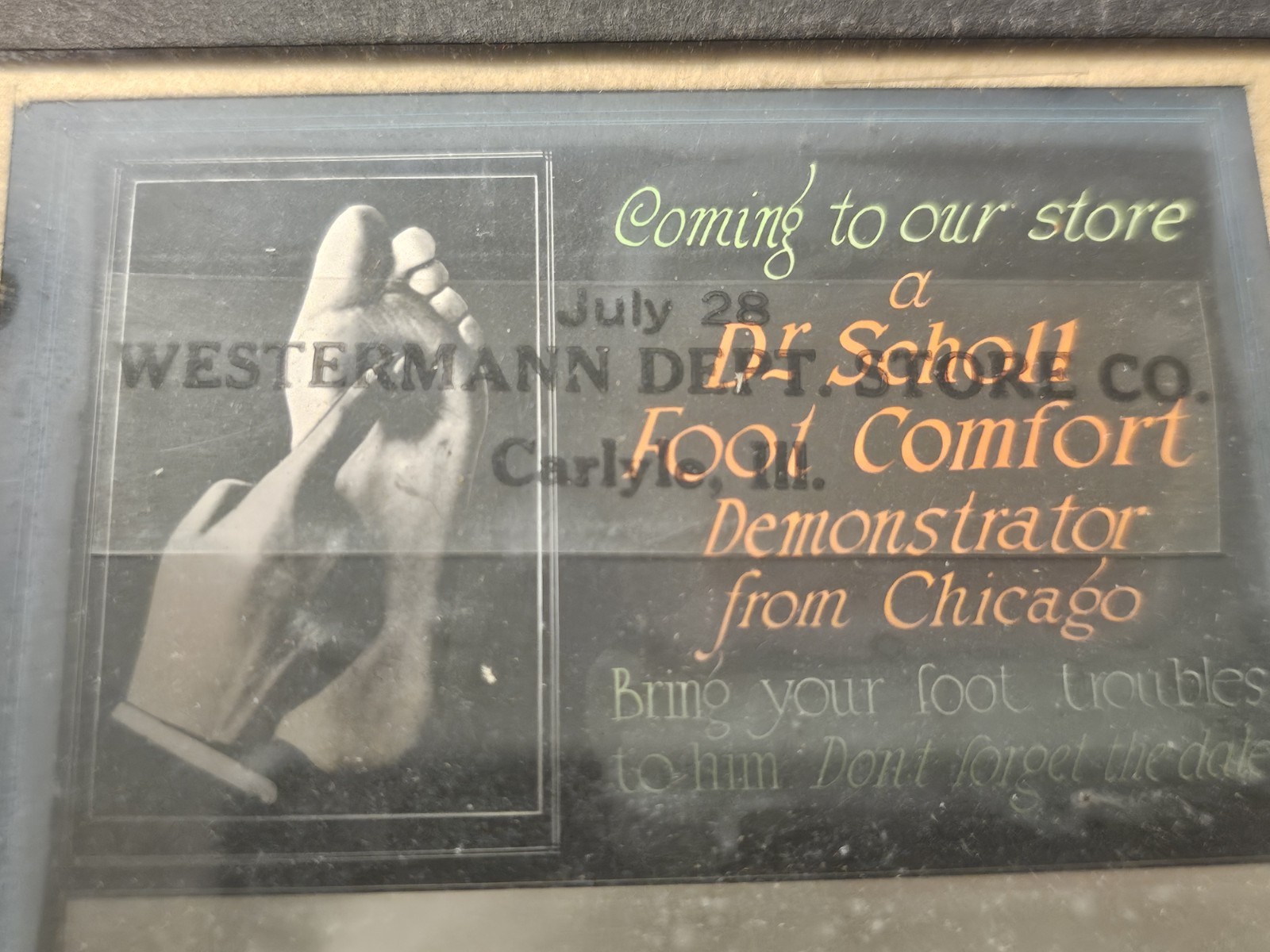 1920s MOVIE THEATER CINEMA GLASS SLIDE Dr Scholl Deptartment Store Advertisement
