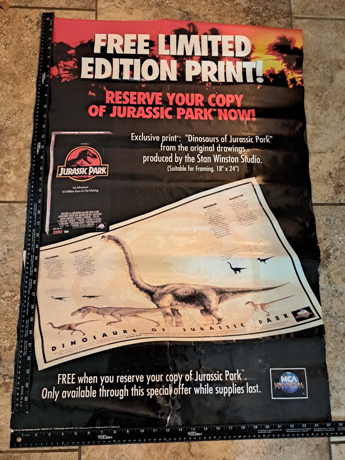 JURASSIC PARK MOVIE VIDEO STORE PROMO POSTER 1994 – 38×25”