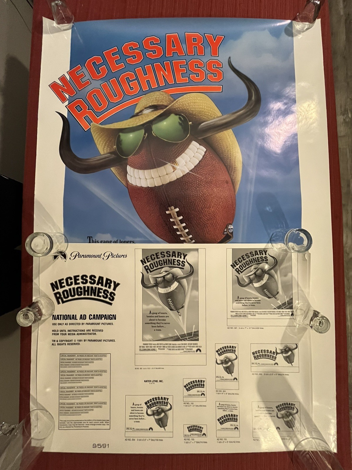 NECESSARY ROUGHNESS (1991) ORIGINAL MOVIE POSTER SS 27×40 With 2 Rare Ad Sheets!