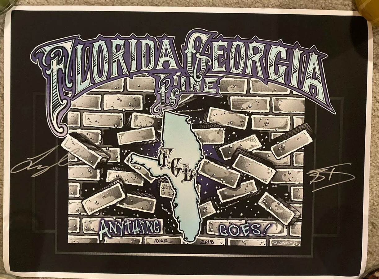 Fgl Florida GEORGIA LINE ANYTHING GOES TOUR 2015 POSTER Hand Signed AUTOGRAPH