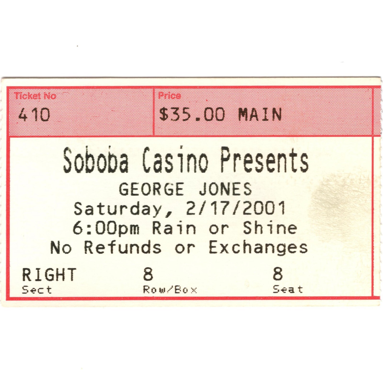 GEORGE JONES Concert Ticket Stub SAN JACINTO CA 2/17/01 SOBOBA CASINO Rare