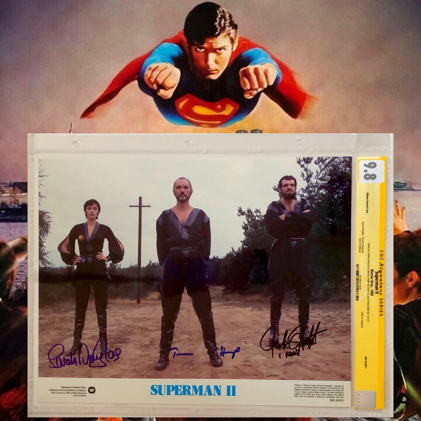 CGC 9.8 SS Superman II Villains Lobby Card signed by Stamp, Douglas & O’Halloran