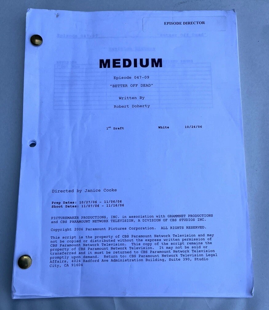 Medium Season 2 Episode 9 Better Off Dead TV Show Original Director’s Script
