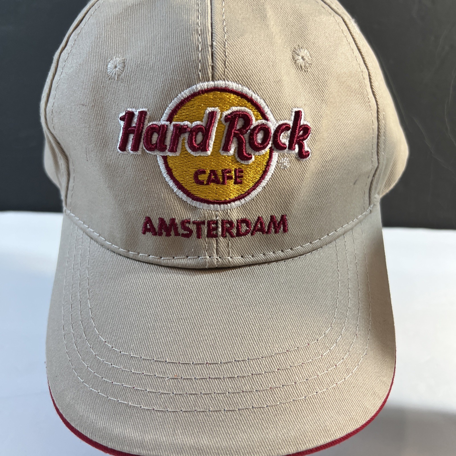 Hard Rock Cafe AMSTERDAM Tan/Burgundy Adjustable Baseball Cap-Mint Condition