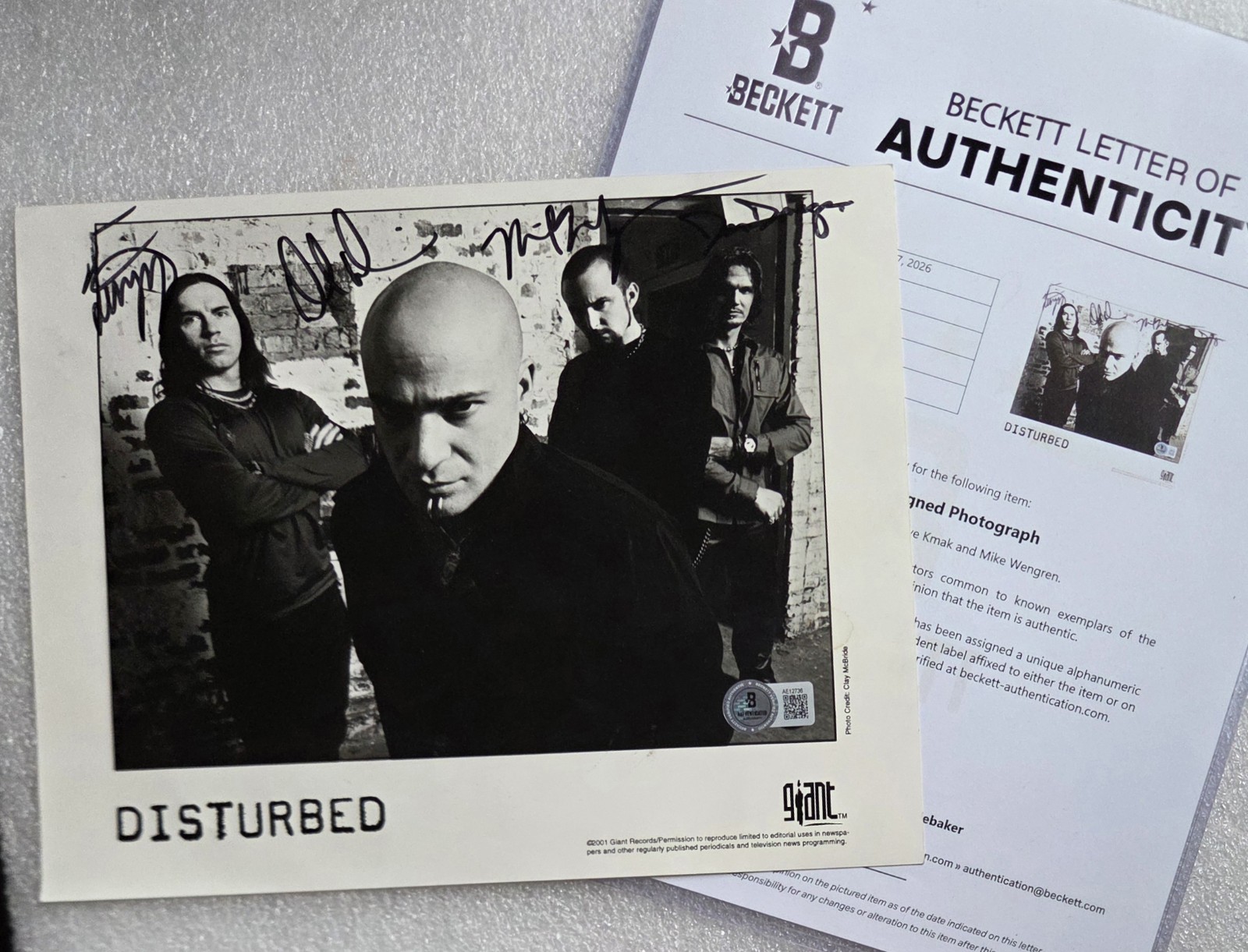 DISTURBED SIGNED PHOTO BECKETT LOA BAS COA FULL LETTER AUTOGRAPHED MUSIC BAND