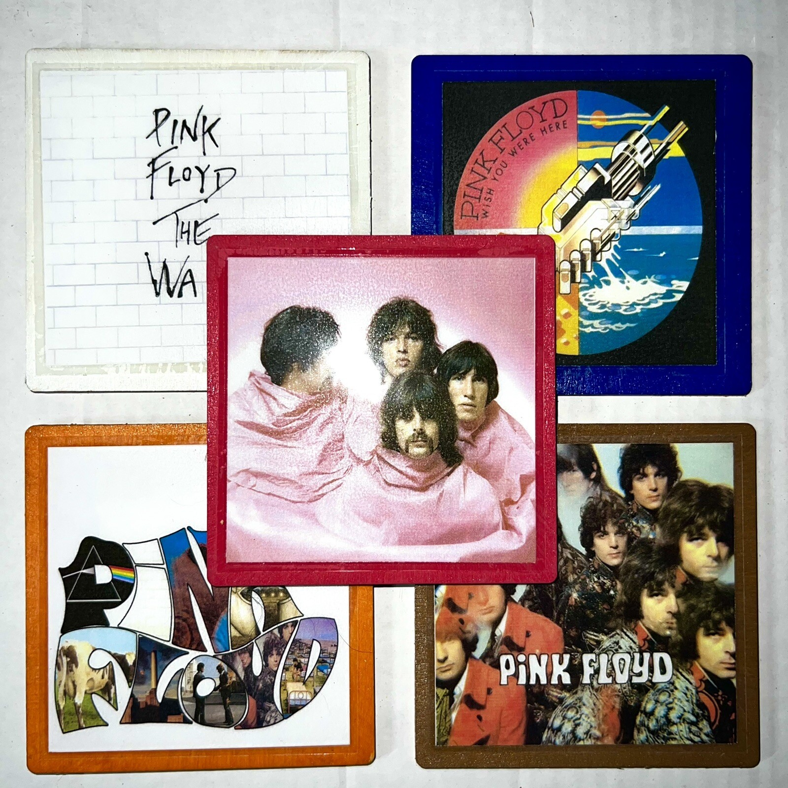DIY 5 Handmade Wood & Cork Drink Coasters PINK FLOYD Wall WYWH Piper Gates Psych