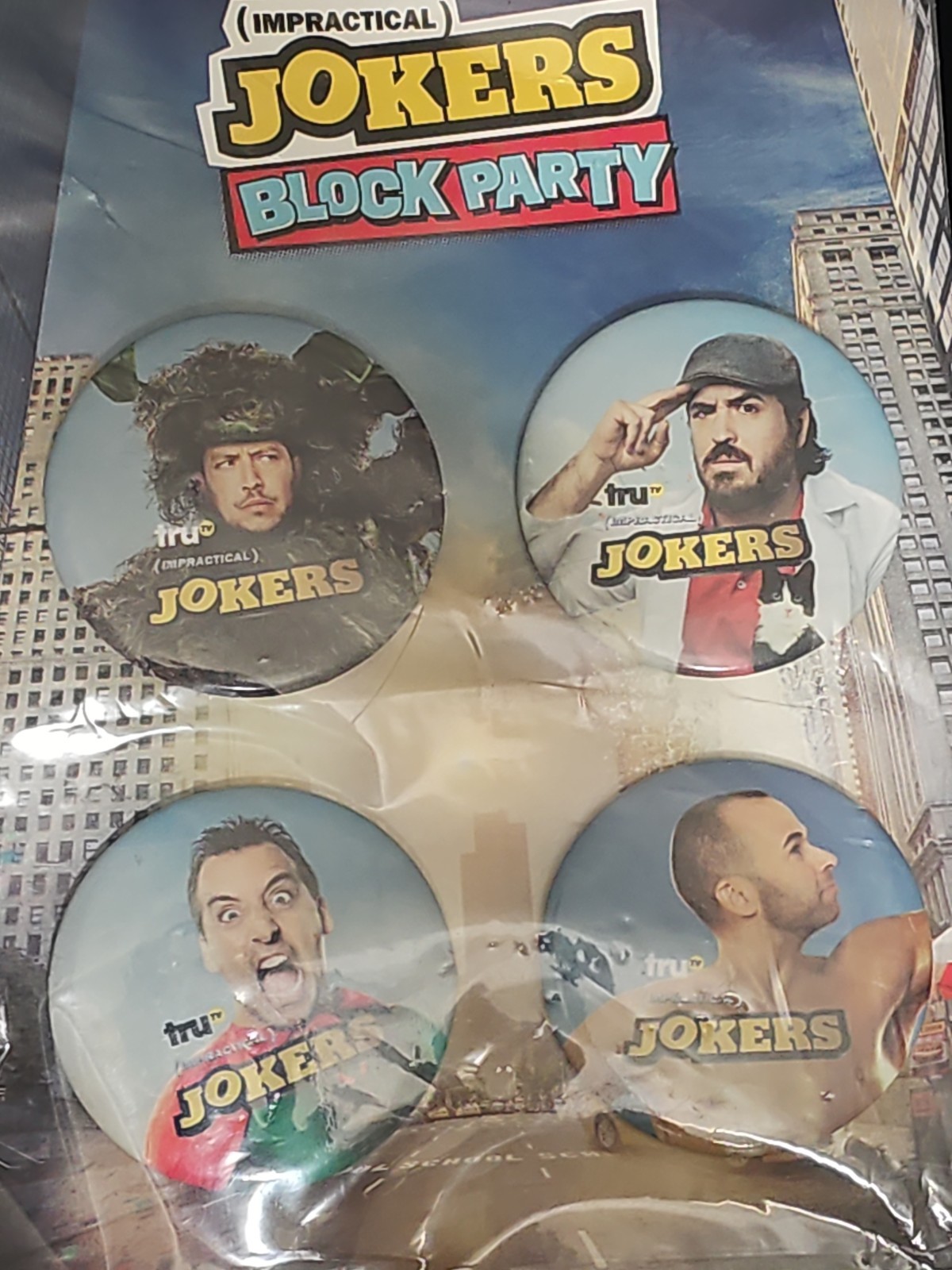 Impractical Jokers Button Pin Set 4 Pack truTV Show Sealed Memorabilia