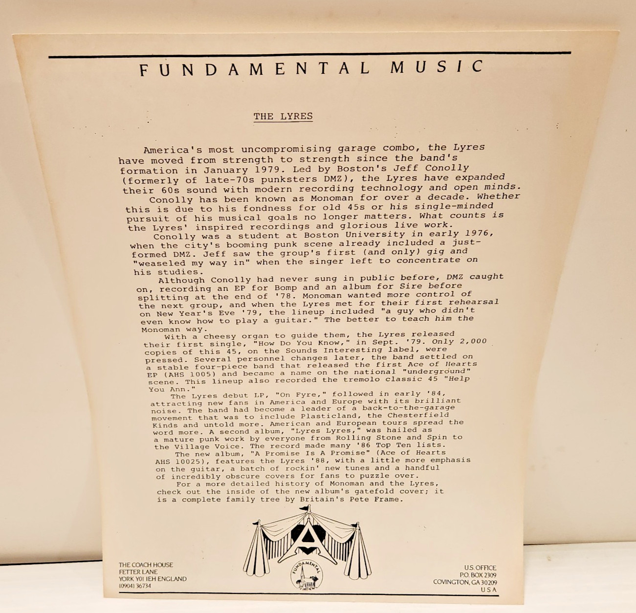 Lyres (DMZ, Mono Mann – “A Promise Is A Promise” 1988 Press Kit 8″x10″ Bio