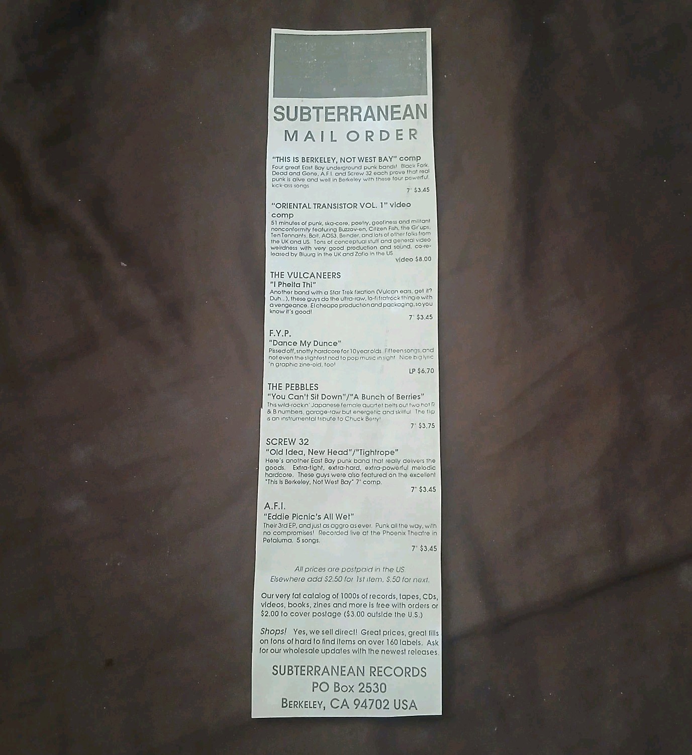 Subterranean Mailorder AFI Screw 32 FYP Pebbles Punk 90s Flyer Zine Promo Ad
