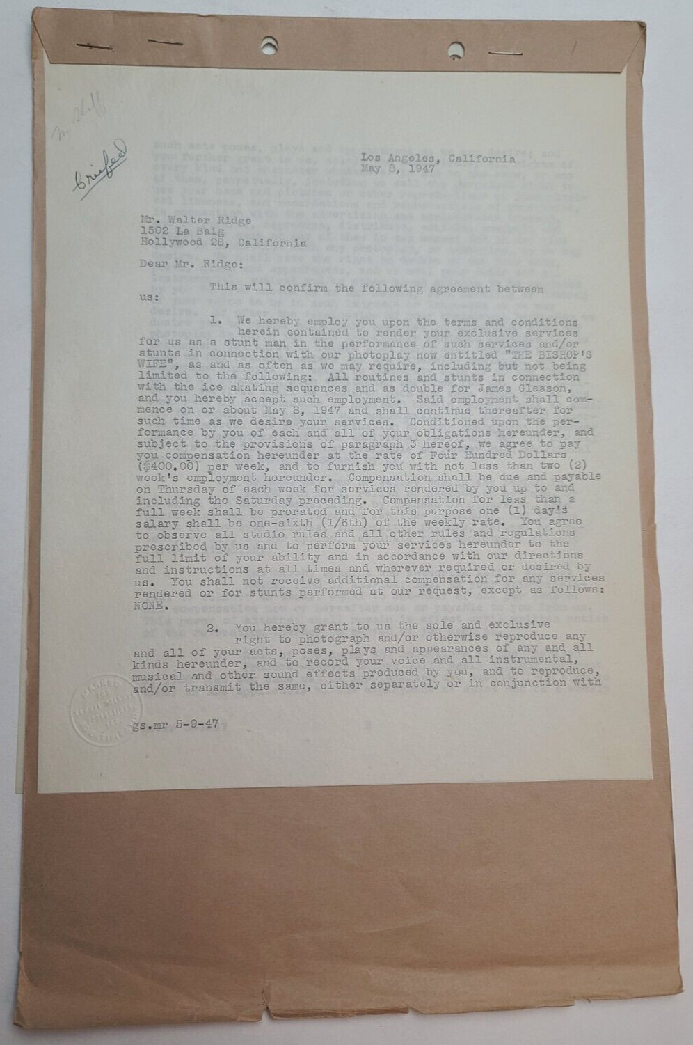 THE BISHOP’S WIFE / Walter Ridge 1947 signed Stuntman contract document