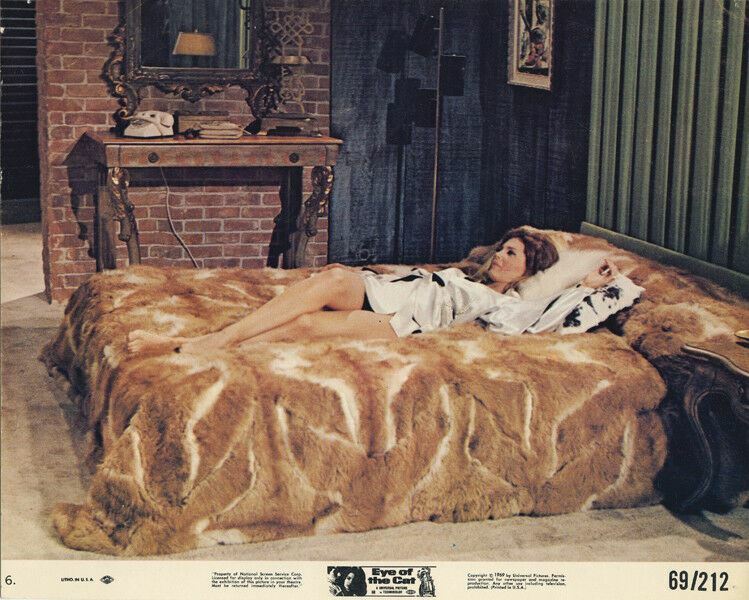 Eye of the Cat original 1969 lobby card Gayle Hunnicutt lies on fur bed sexy