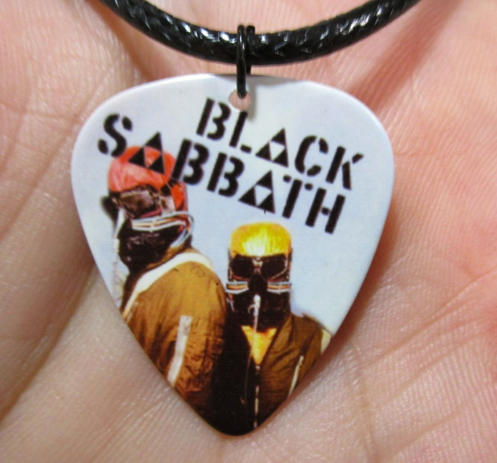 Black Sabbath ‘Never Say Die’ 19″ Necklace, Guitar Pick Charm, gas masks