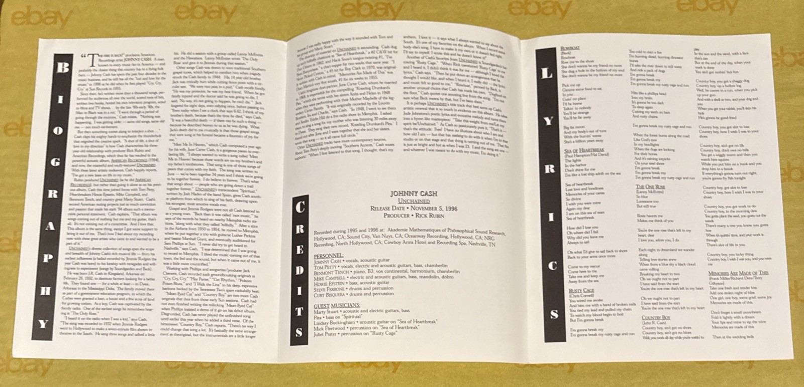 JOHNNY CASH 1996 UNCHAINED PHOTO + PRESS KIT (Bio – Lyrics – Credits)