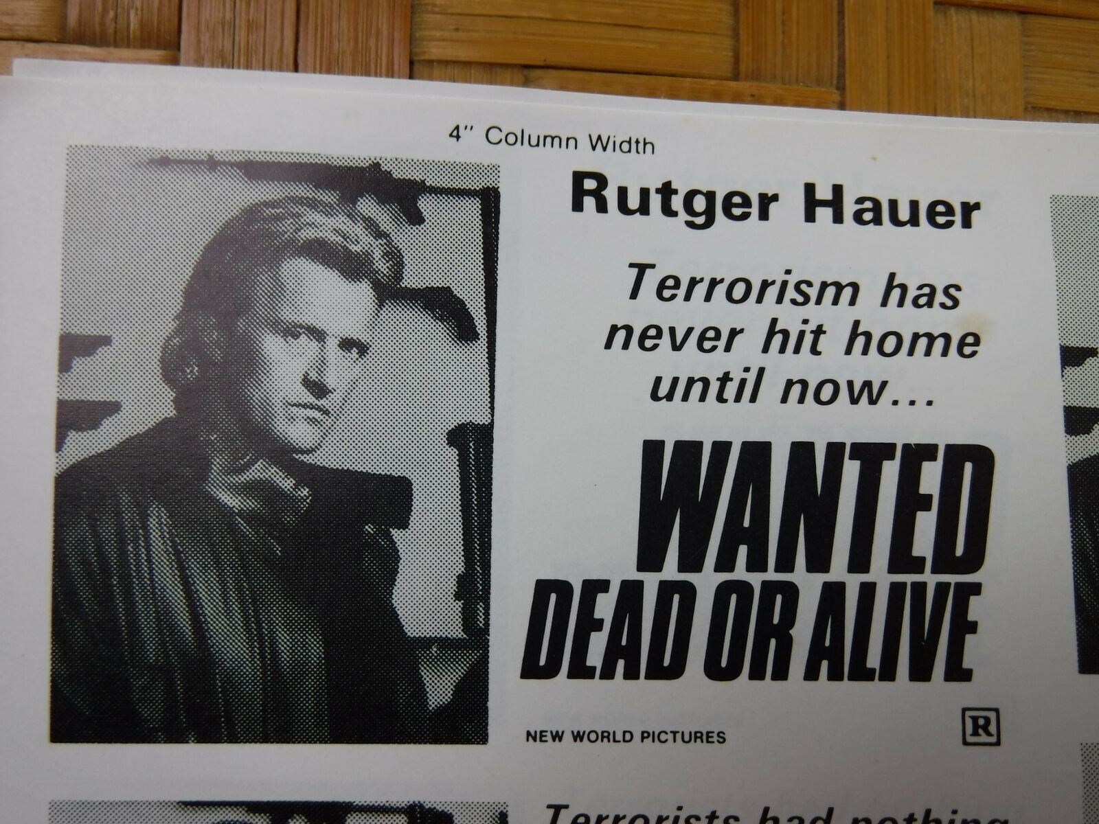 WANTED DEAD OR ALIVE Movie Mini Ad Sheet Vintage Advertising Poster Rutger Hauer