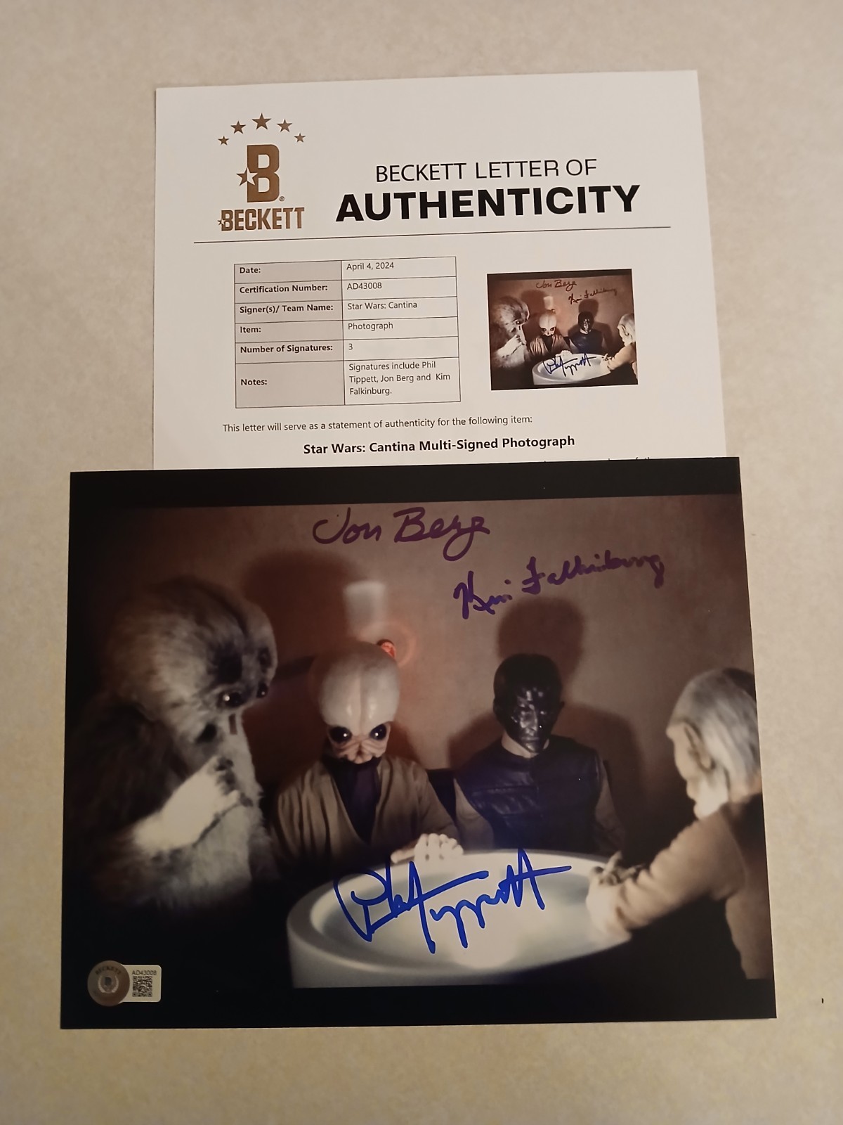 STAR WARS CANTINA DUROS MULTI SIGNED 8×10 BECKETT PHIL TIPPETT JON BERG