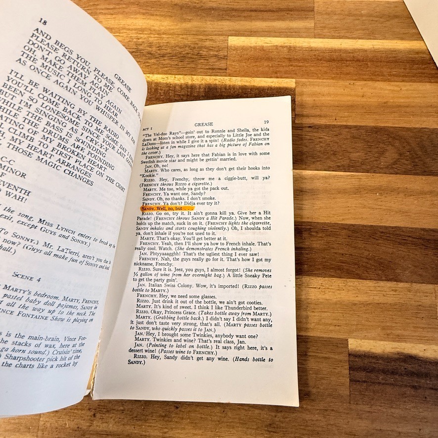 Vintage Grease Musical Script Book Samuel French: Sandy’s Highlighted Lines