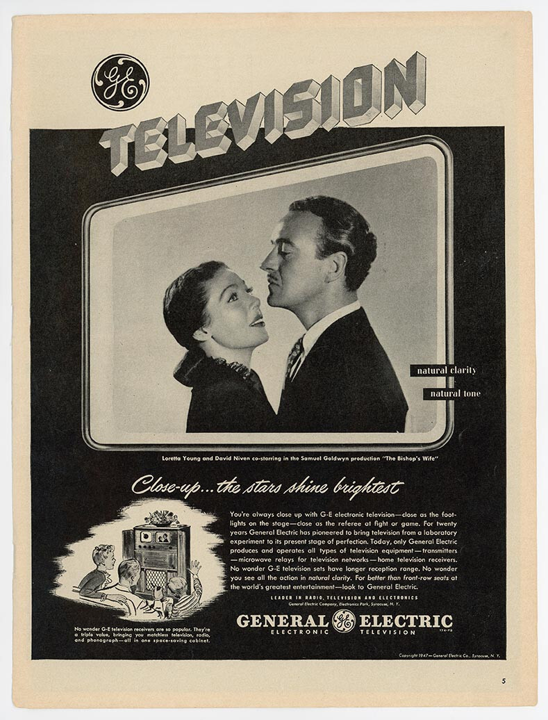 1947 General Electric Ad TV The Bishop’s Wife — Loretta Young, D. Niven GE 1940s