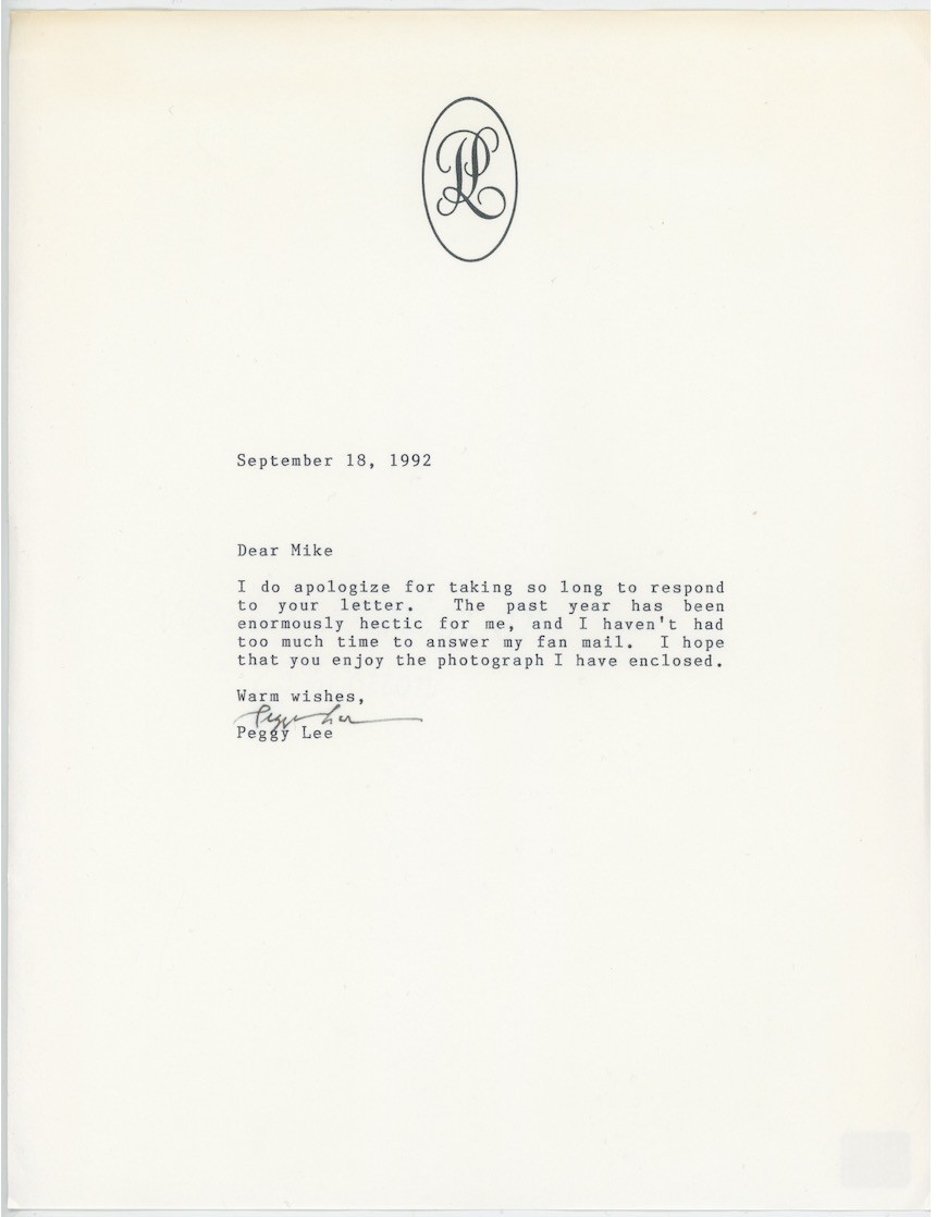 Peggy Lee Jazz Singer Autographed Signed Letter AMCo COA