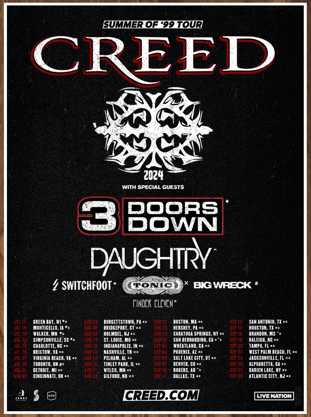 CREED | 3 DOORS DOWN | DAUGHTRY Summer of ’99 Tour 2024 Ltd Ed New RARE Poster!