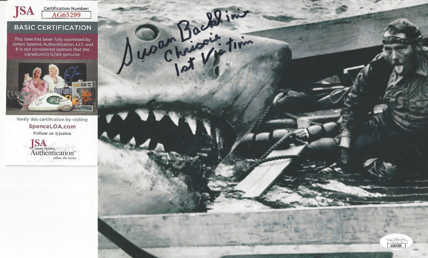 JAWS Chrissie autographed 8×10 photo with Robert Shaw being eaten JSA Cert **