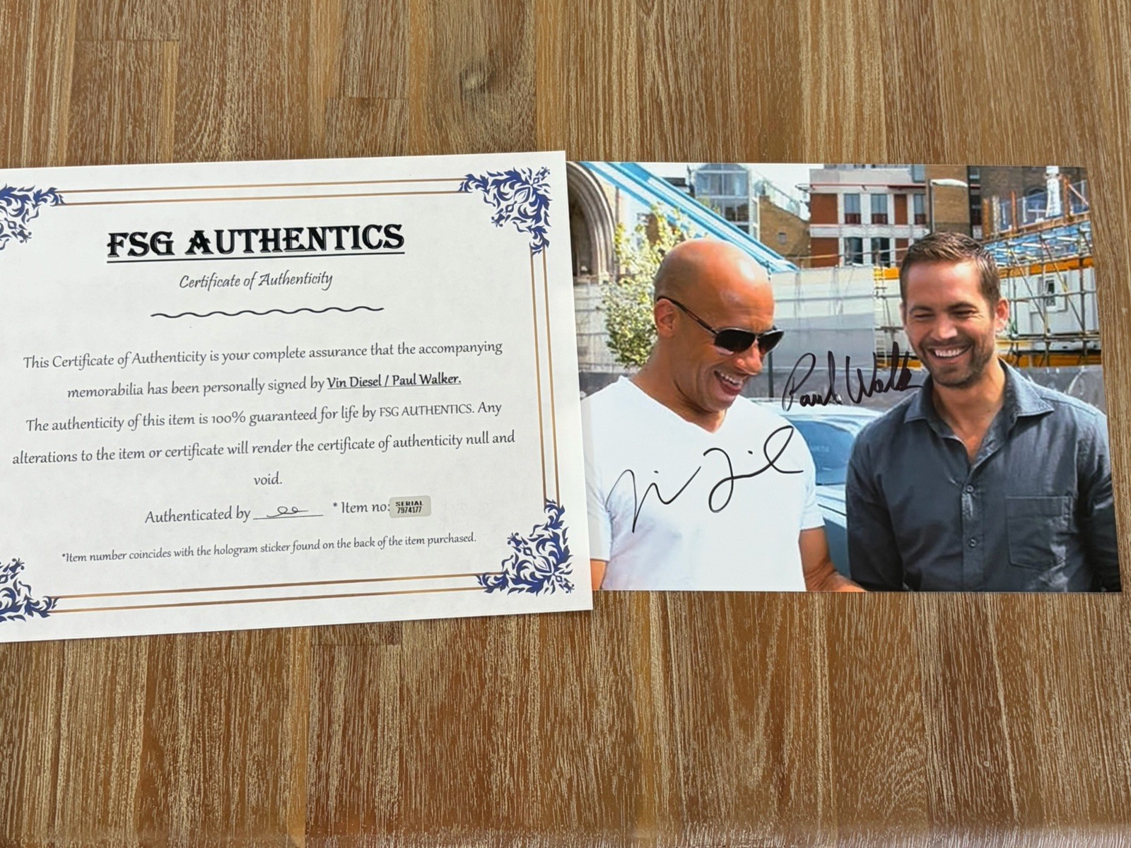 Vin Diesel and Paul Walker autographed 8×10 photo, signed, authentic, COA