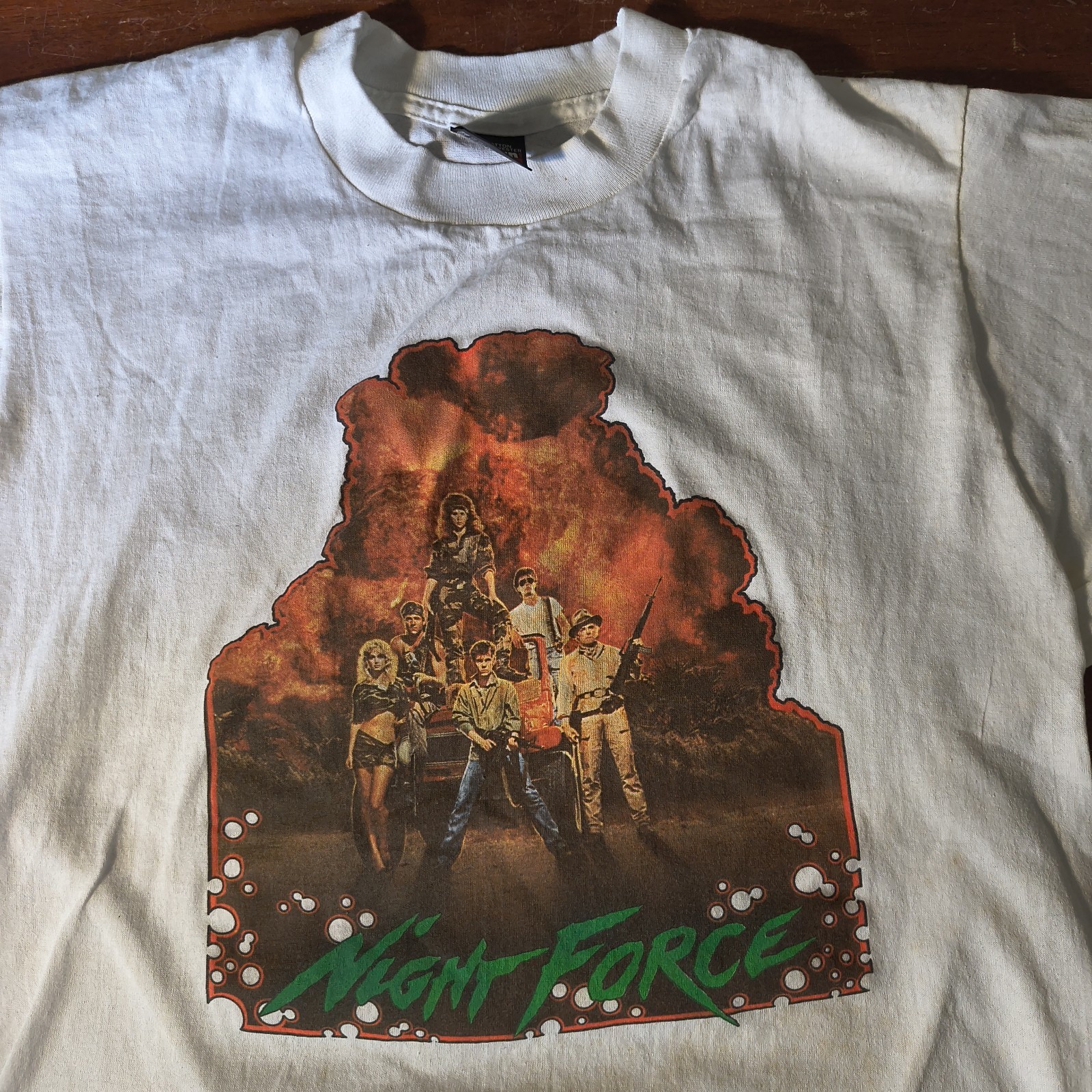 Vintage Night Force Movie Promo T Shirt White 1980s Tee Size L (Has Foxing)