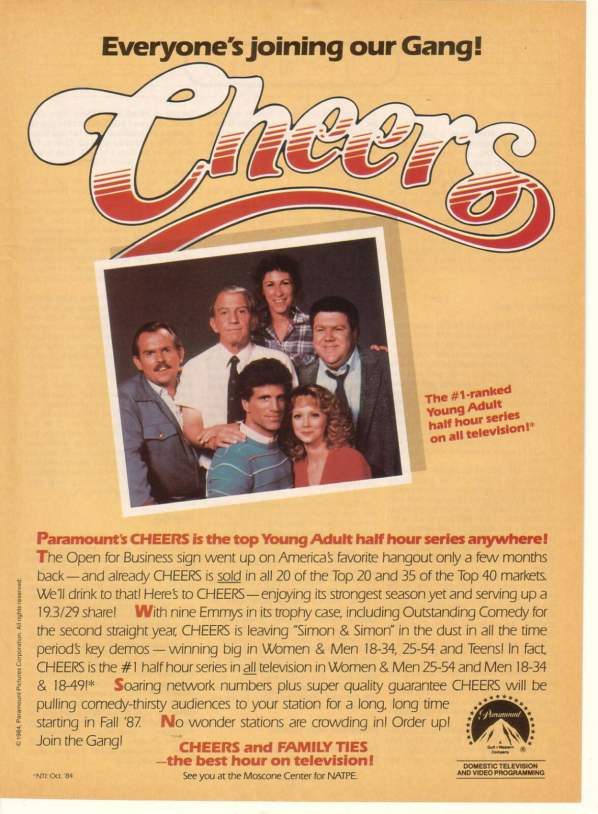Shelley Long George Wendt Rhea Perlman Cheers 1985 Ad- #1 ranked/ Paramount
