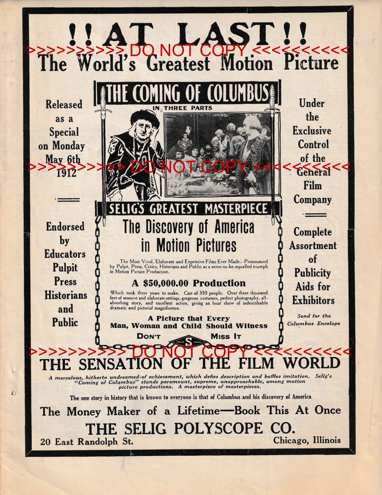 1912 SILENT FILM THE COMING OF COLUMBUS KATHLYN WILLIAMS M STEDMAN AD POSTER LOT