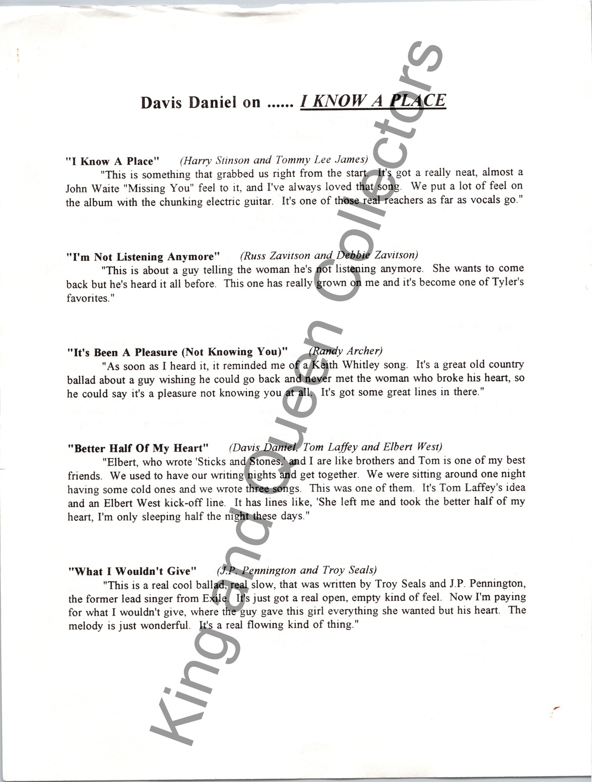 Davis Daniel Original Press Kit Album Information Sheet I Know A Place