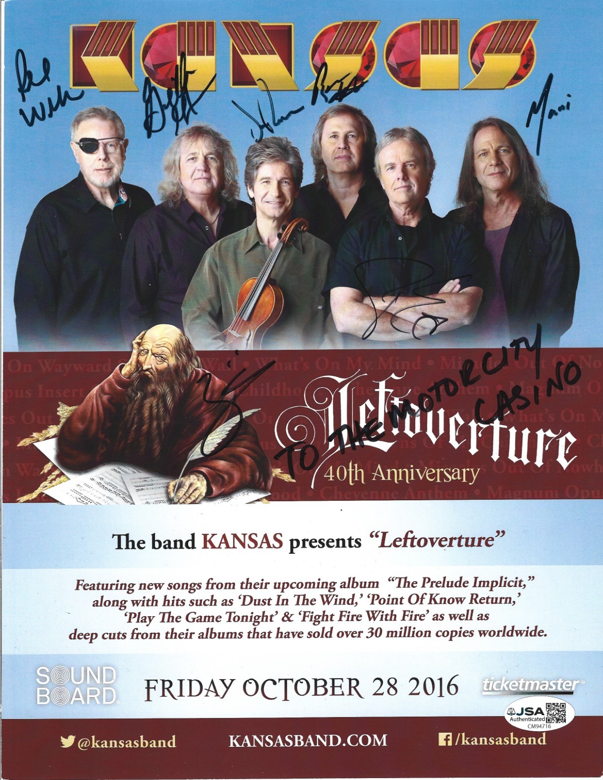 KANSAS band hand SIGNED Leftoverture 40th Anniv. Concert Photo #2 JSA COA All 7