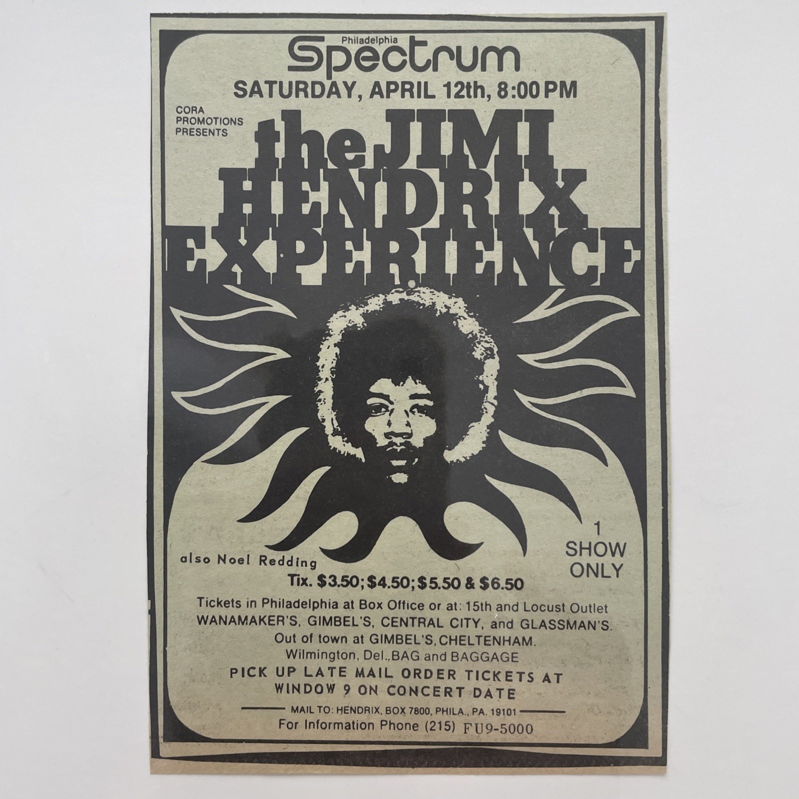 1969 JIMI HENDRIX EXPERIENCE, Spectrum Arena Philadelphia, Concert Ad