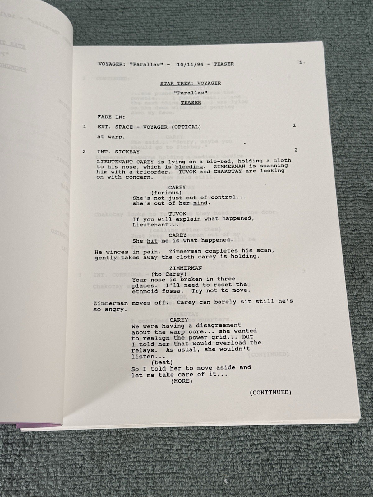 Star Trek Voyager Original Studio Script Season 1 Episode 2 “Parallax”