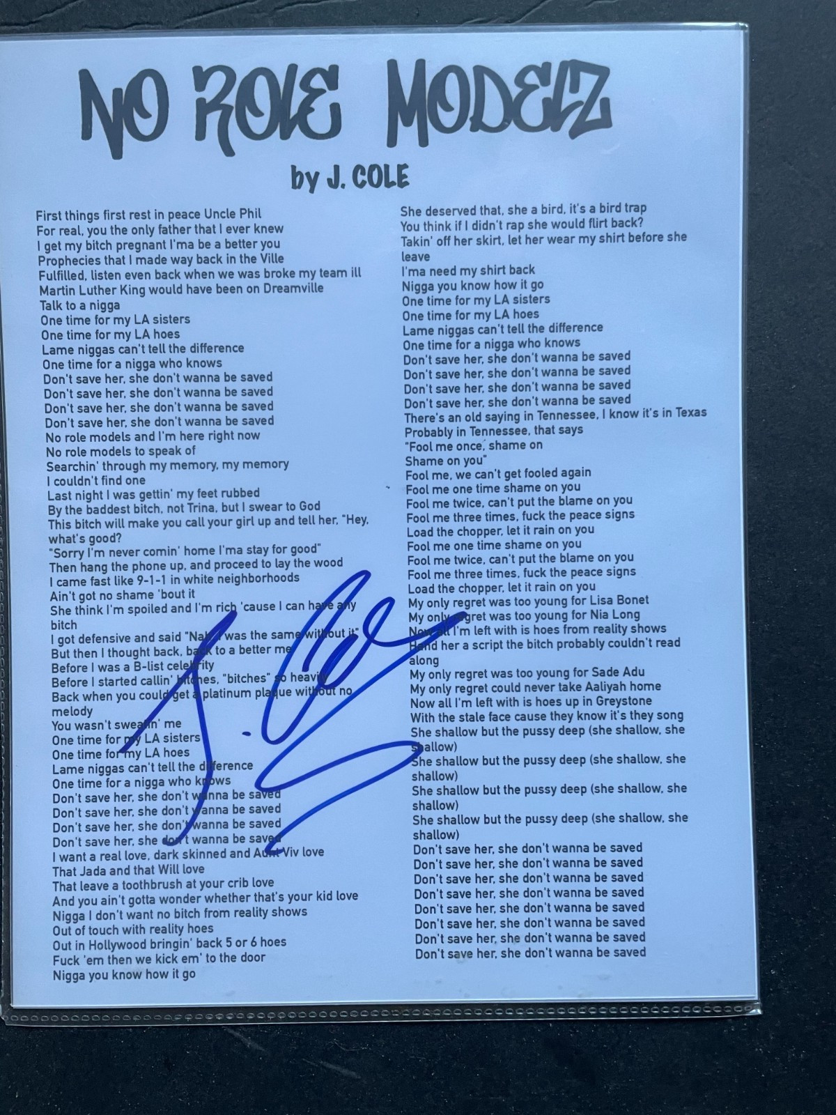 J COLE SIGNED SHEET LYRICS NO ROLE MODELZ DC/COA FULL SIGNATURE AUTO 10