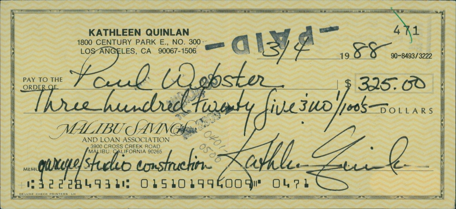 Kathleen Quinlan Actress Signed Cancelled Check JSA Authenticated