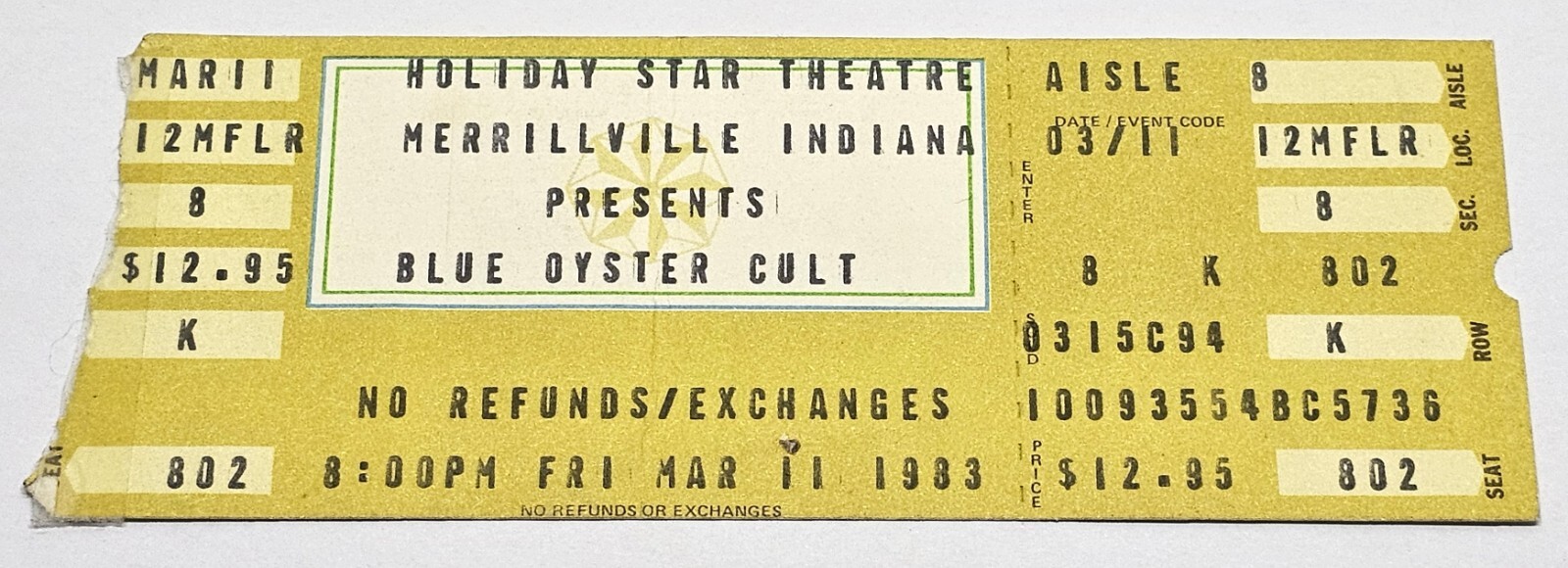 Blue Oyster Cult & Duke Jupiter Ticket Stub Holiday Star Theatre March 11, 1983
