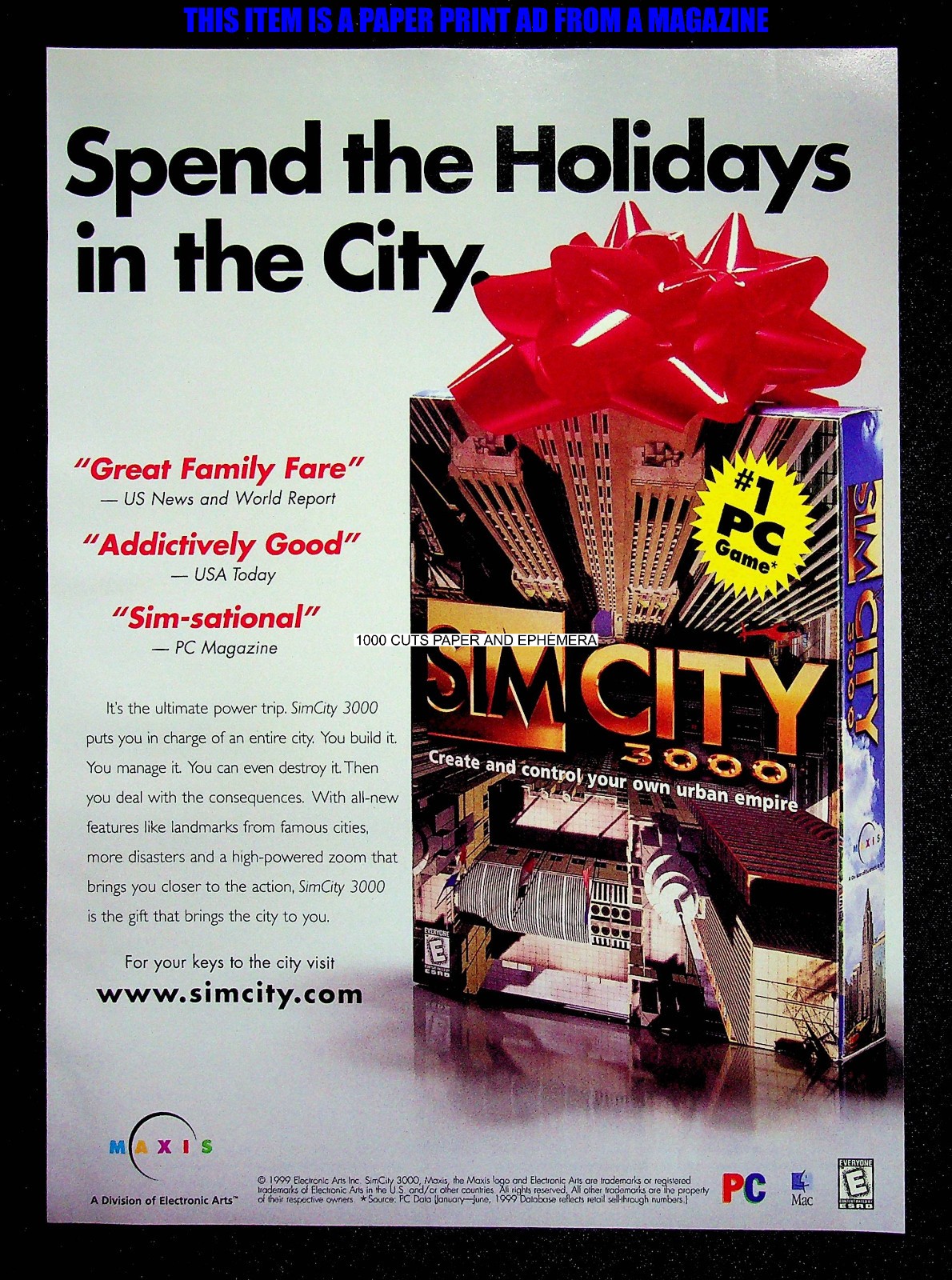 SimCity 3000 Maxis Electronic Arts 1999 Sim City Print Magazine Ad Poster ADVERT