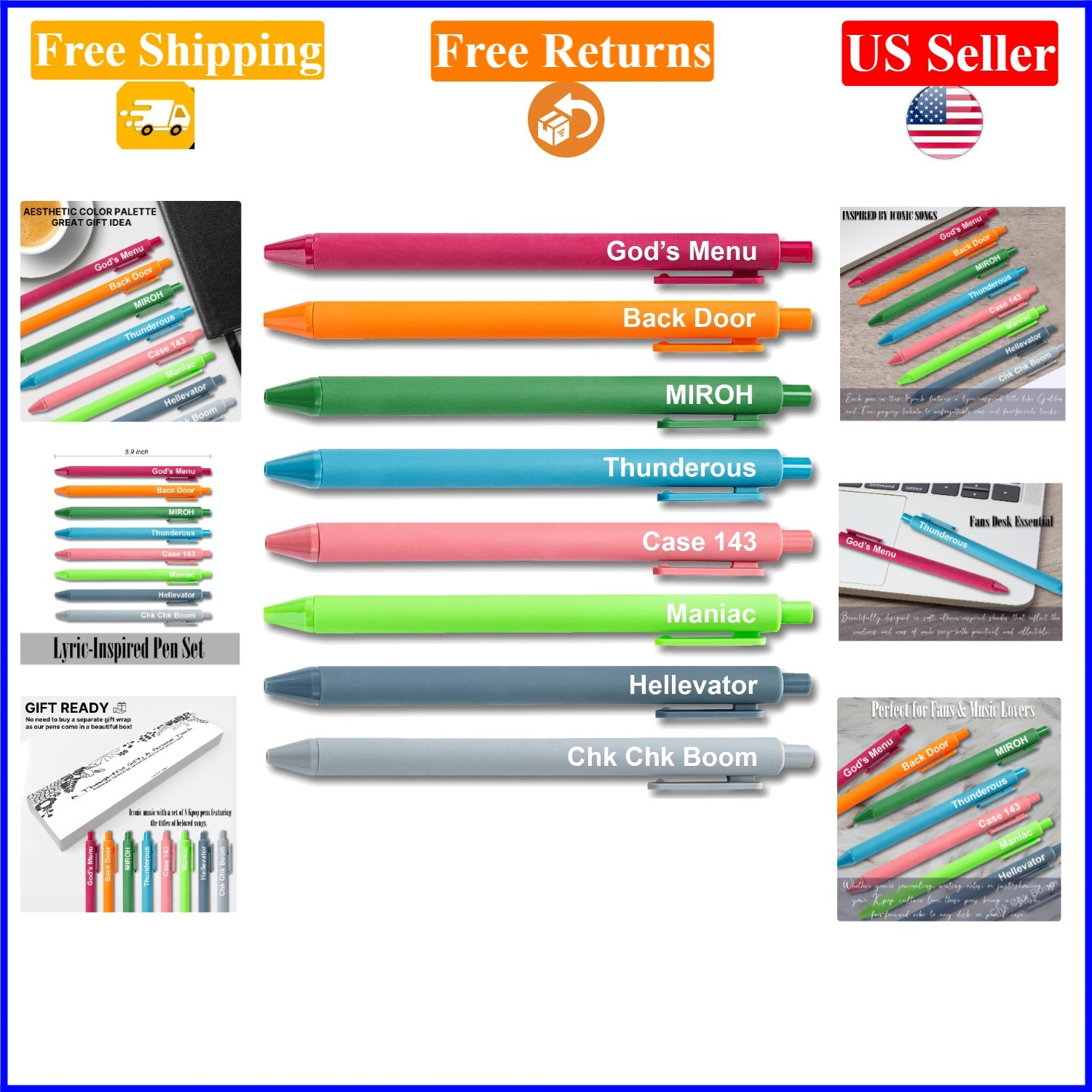 Kpop Stray Kids Gel Pen Set, 8-Pack, Vibrant Colors, Collector’s Gift